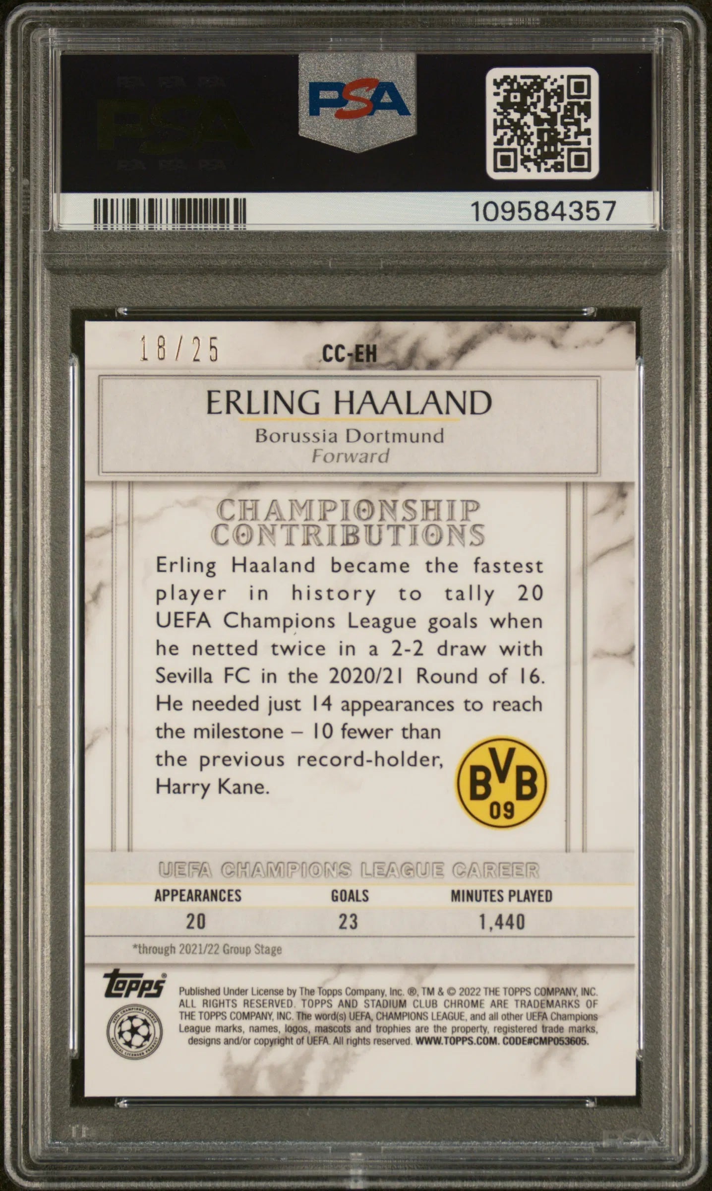 Erling Haaland 2021-22 Topps Stadium Club Chrome UEFA #EH 18/25 Refractor PSA 9