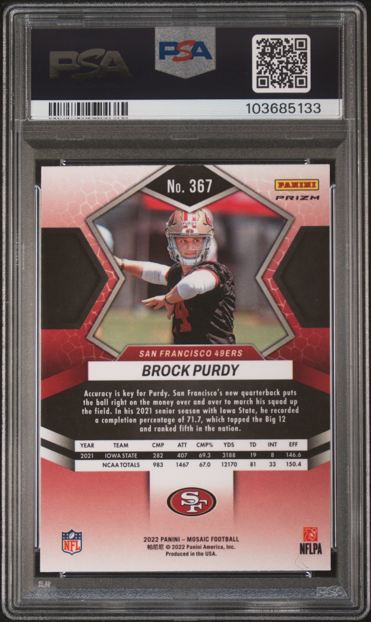 Brock Purdy 2022 Panini Mosaic #367 Gold Sparkle PSA 10