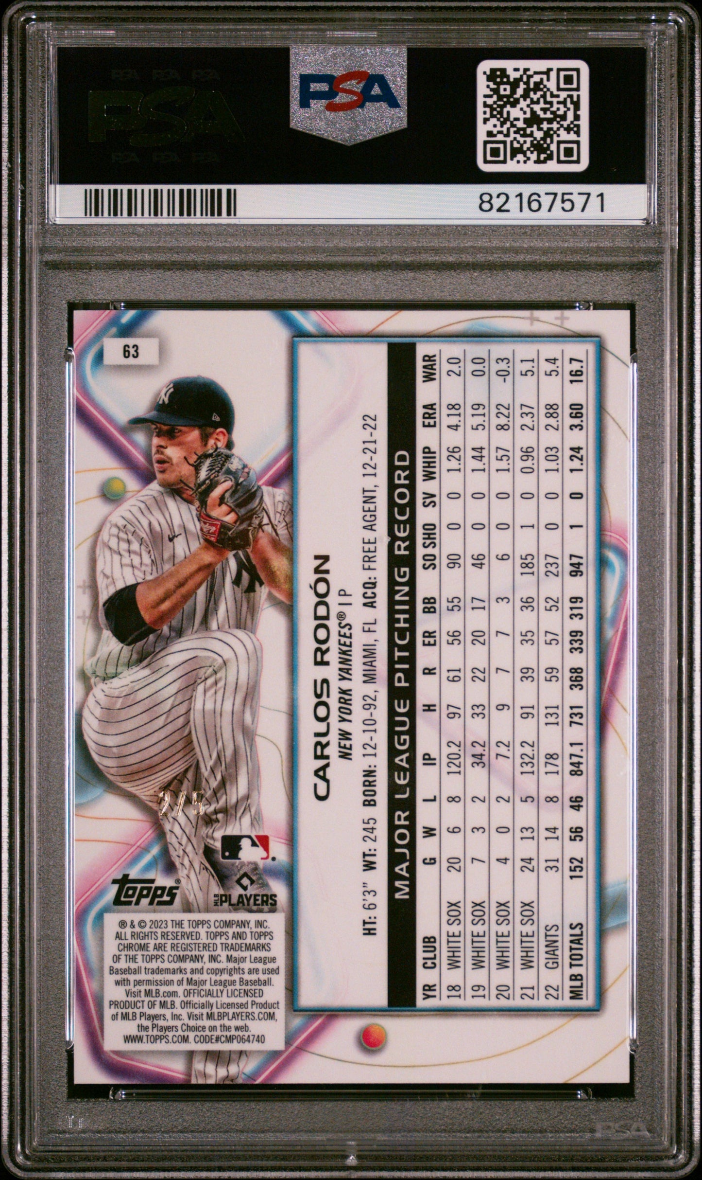 Carlos Rodon 2023 Topps Cosmic Chrome #63 Red Flare PSA 10