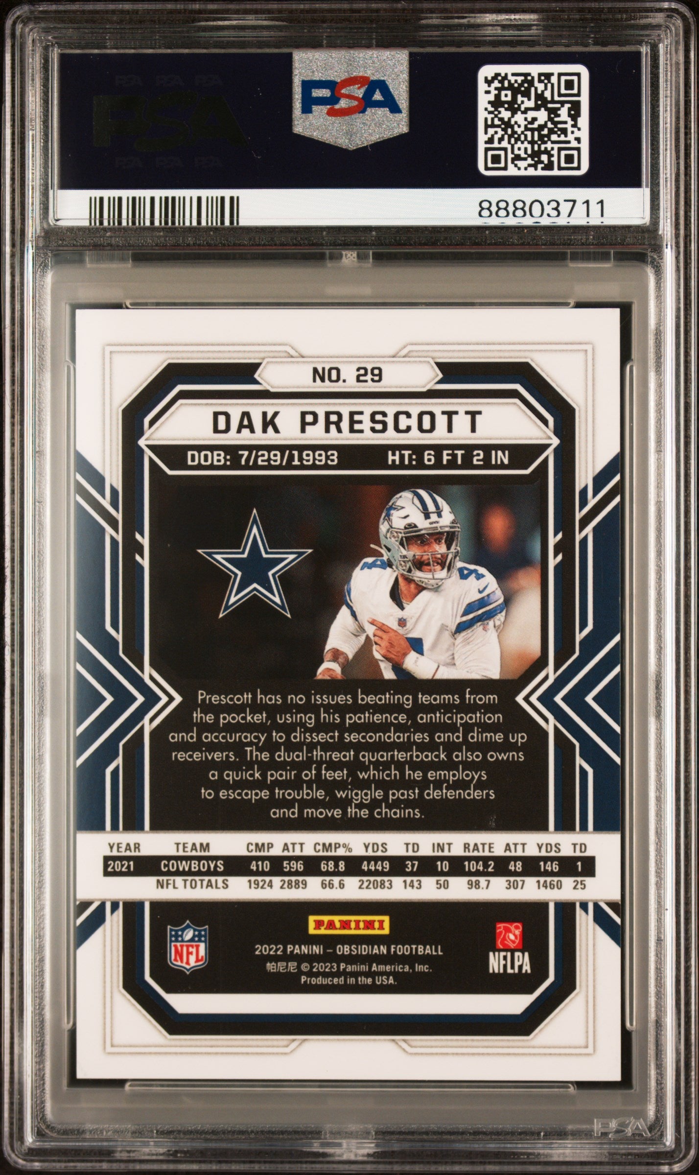 Dak Prescott 2022 Panini Obsidian #29 Electric Etch Contra PSA 9