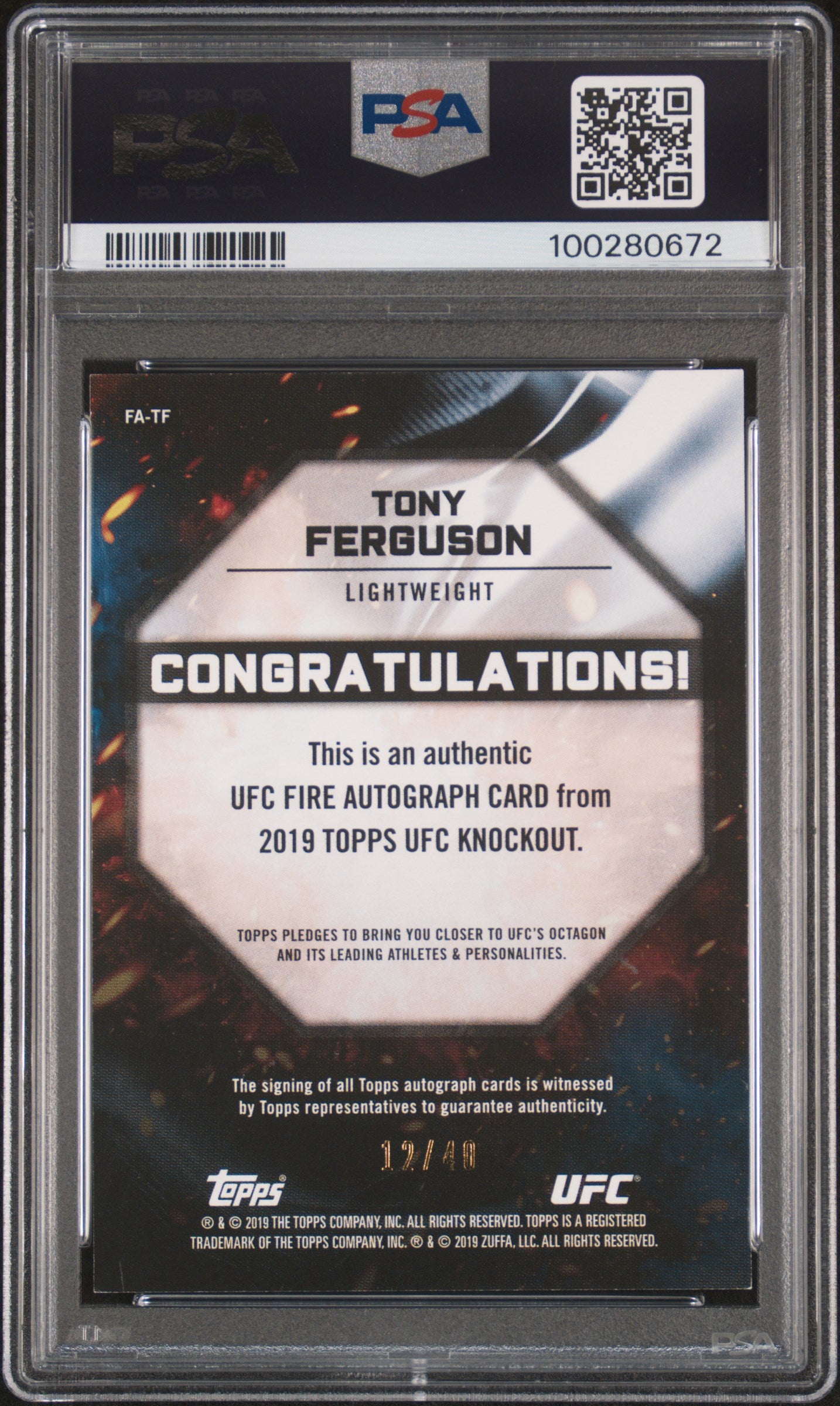 Tony Ferguson 2019 Topps UFC Knockout Fire Autographs #TF PSA 9