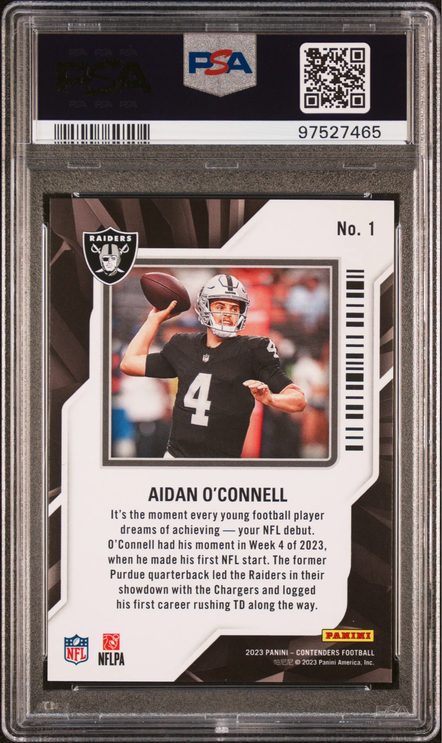 Aidan O'connell 2023 Panini Contenders Rookie Of The Year #1 Cracked Ice PSA 10