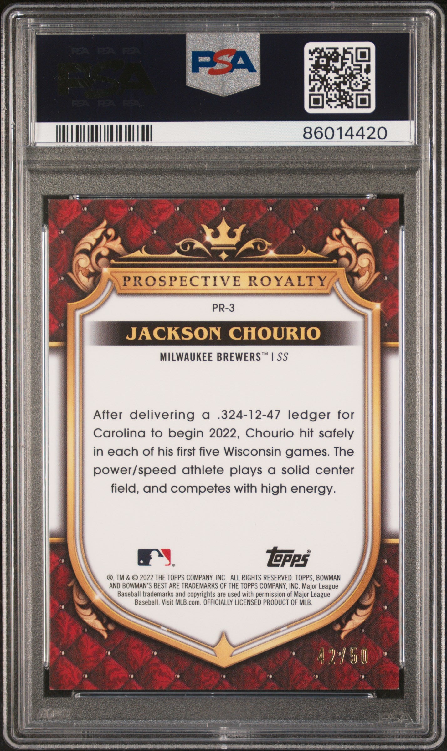 Jackson chourio 2022 bowman's best prospective royalty lava 42/50 #pr3 psa 9