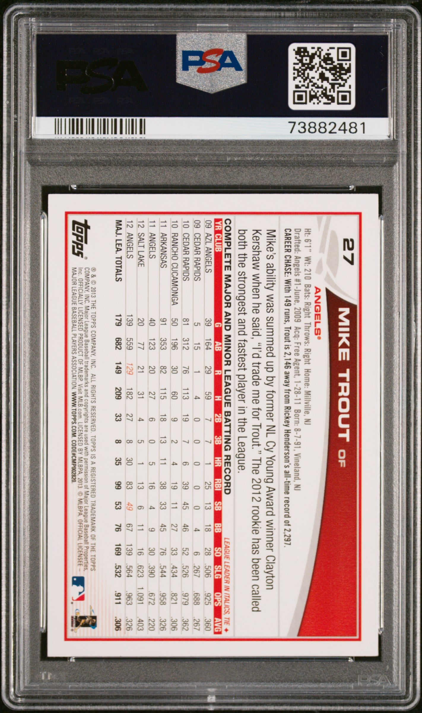 Mike Trout 2013 Topps #27 Sliding Psa 9